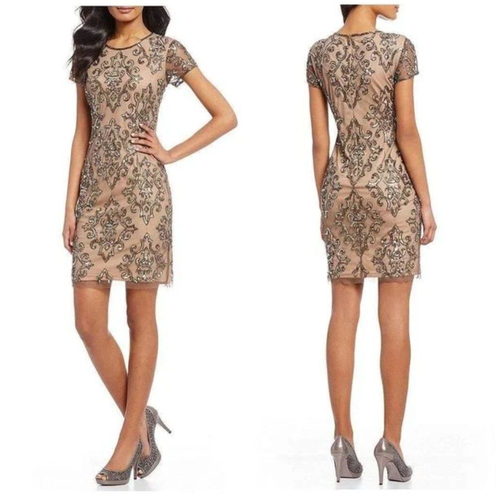 Adrianna Papell Natural Plus Beaded Mesh Sheath